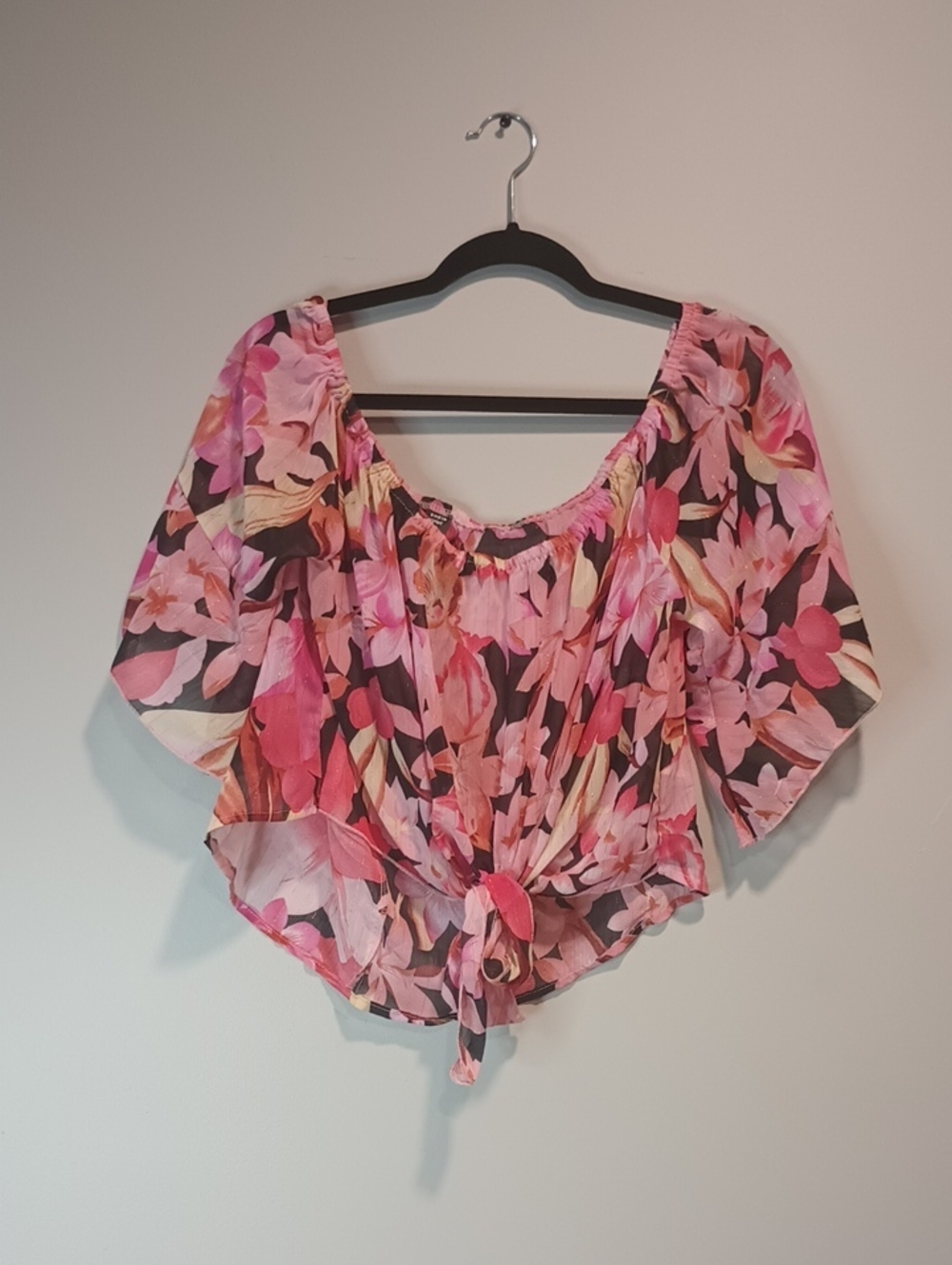 SHEIN Pink Floral Off-Shoulder Tie-Front Blouse
